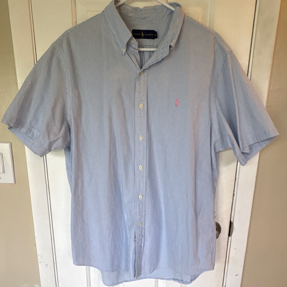 Ralph Lauren XL Blue White Striped Short Sleeve Button-Up Men's Shirt
